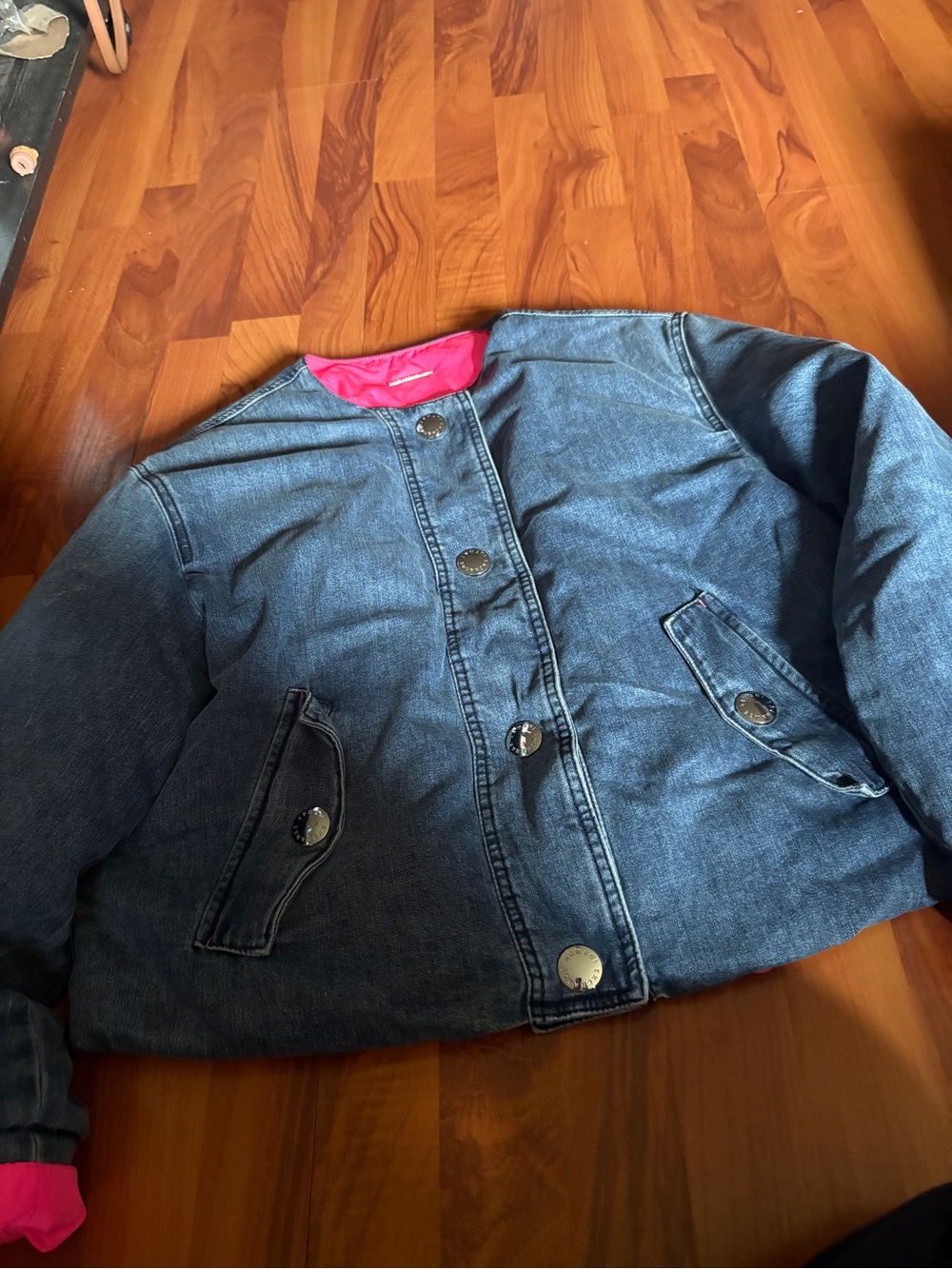Armani Exchange Dark Denim Puffer Jacket with Pink Lining
